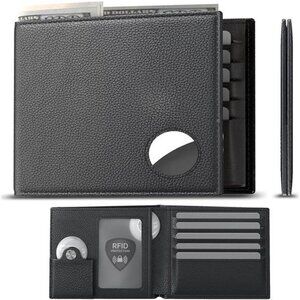 Men's Leather Wallet with Stealth Pocket for Air Tag (Black)